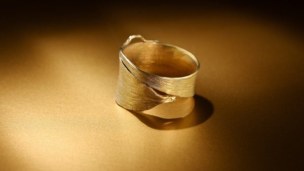 Bamboe blad ring, 18 kt goud, rose goud en palladium. Handmade